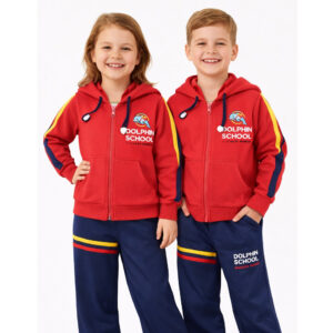 Crianças usando Agasalho Moletom Aberto Vermelho Dolphin School – uniforme escolar infantil completo