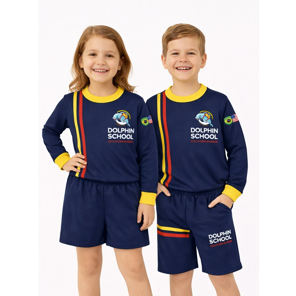 Blusa Manga Longa Azul Marinho com Modelos Dolphin School
