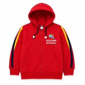 Agasalho moletom aberto com capuz e zíper do Dolphin School, na cor vermelha com detalhes em azul e amarelo - Referência Uniformes