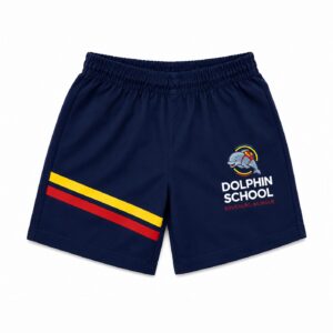 Bermuda tactel azul marinho com listras diagonais amarela e vermelha do uniforme escolar Dolphin School com logo estampado - Referência Uniformes