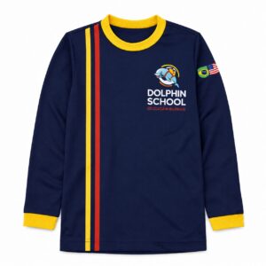 Blusa manga longa azul marinho com gola e listras amarelas e vermelhas do uniforme Dolphin School Educação Bilíngue com bandeiras do Brasil e EUA - Referência Uniformes