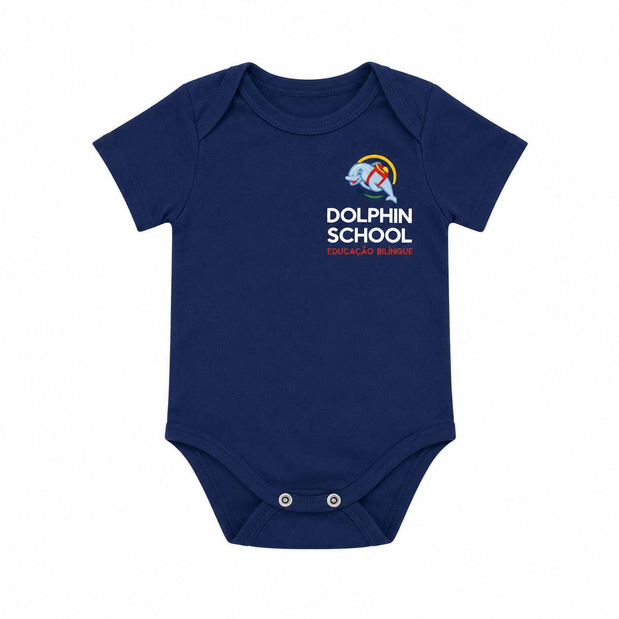 Body feminino azul marinho para bebê com logo Dolphin School Educação Bilíngue bordado - uniforme escolar infantil da Referência Uniformes