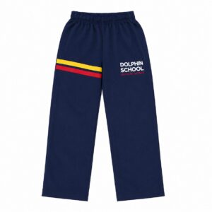 Calça tactel azul marinho com listras amarela e vermelha do uniforme escolar Dolphin School com logo estampado - Referência Uniformes