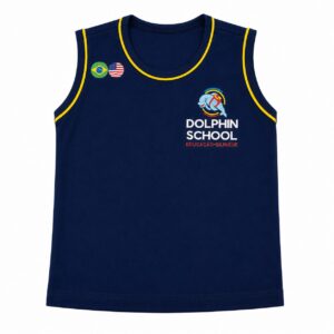 Camiseta regata azul marinho com vivo amarelo do uniforme escolar Dolphin School bilíngue, com bandeiras do Brasil e EUA - Referência Uniformes