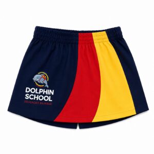 Saia shorts azul marinho com painéis vermelho e amarelo do uniforme escolar Dolphin School, peça feminina com logo bordado - Referência Uniformes